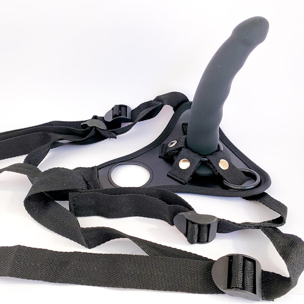 Single Strap-On Silicone Curved Dildo with Harness